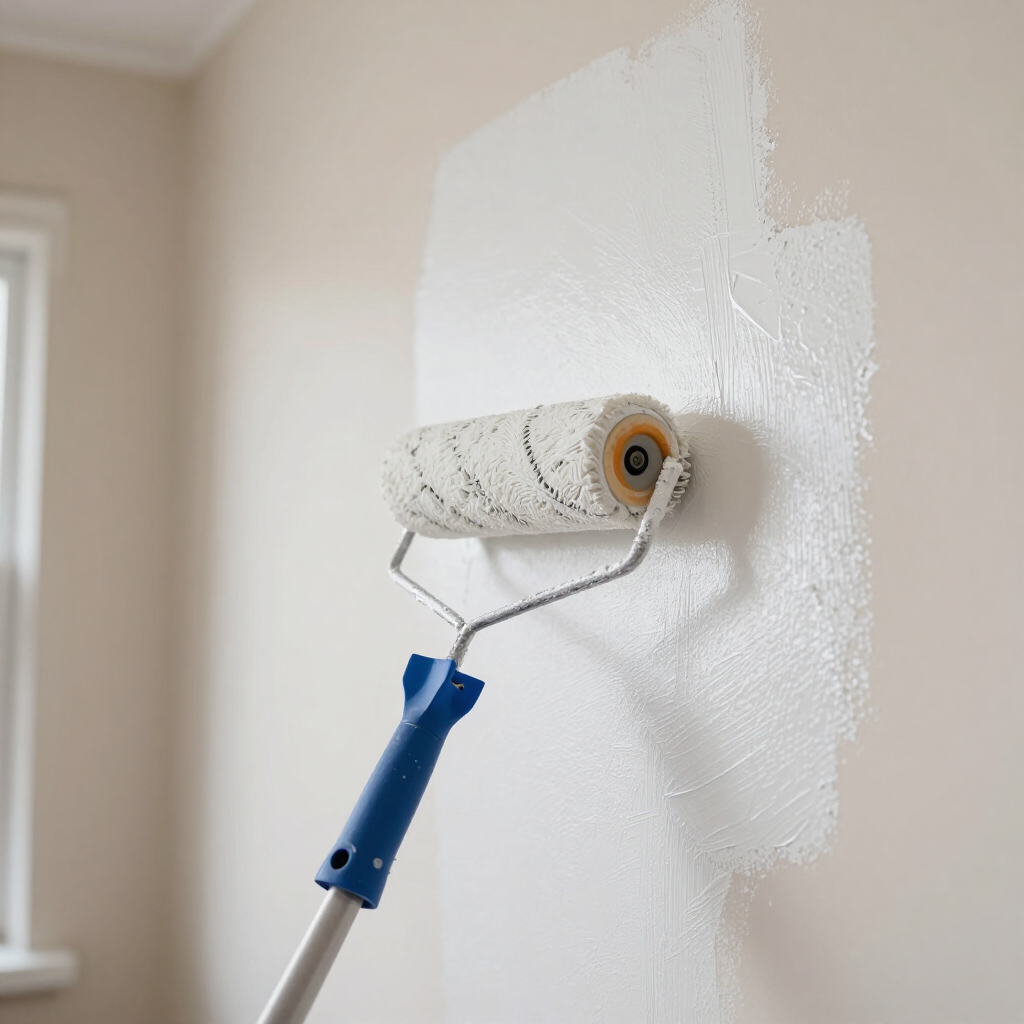 White wall being painted with a paint roller on a blue handle