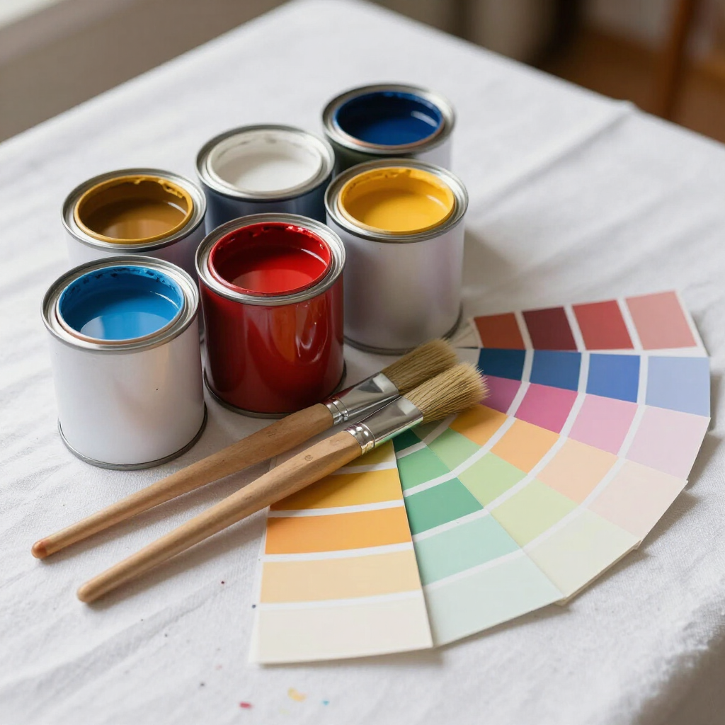 Paint cans, paintbrushes, and a color swatch fan on a white table