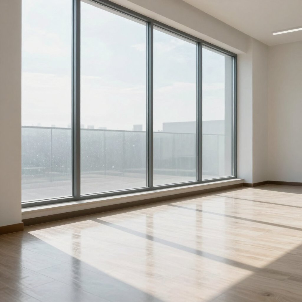 Empty modern room with large sliding glass doors and sunlight on wood floor
