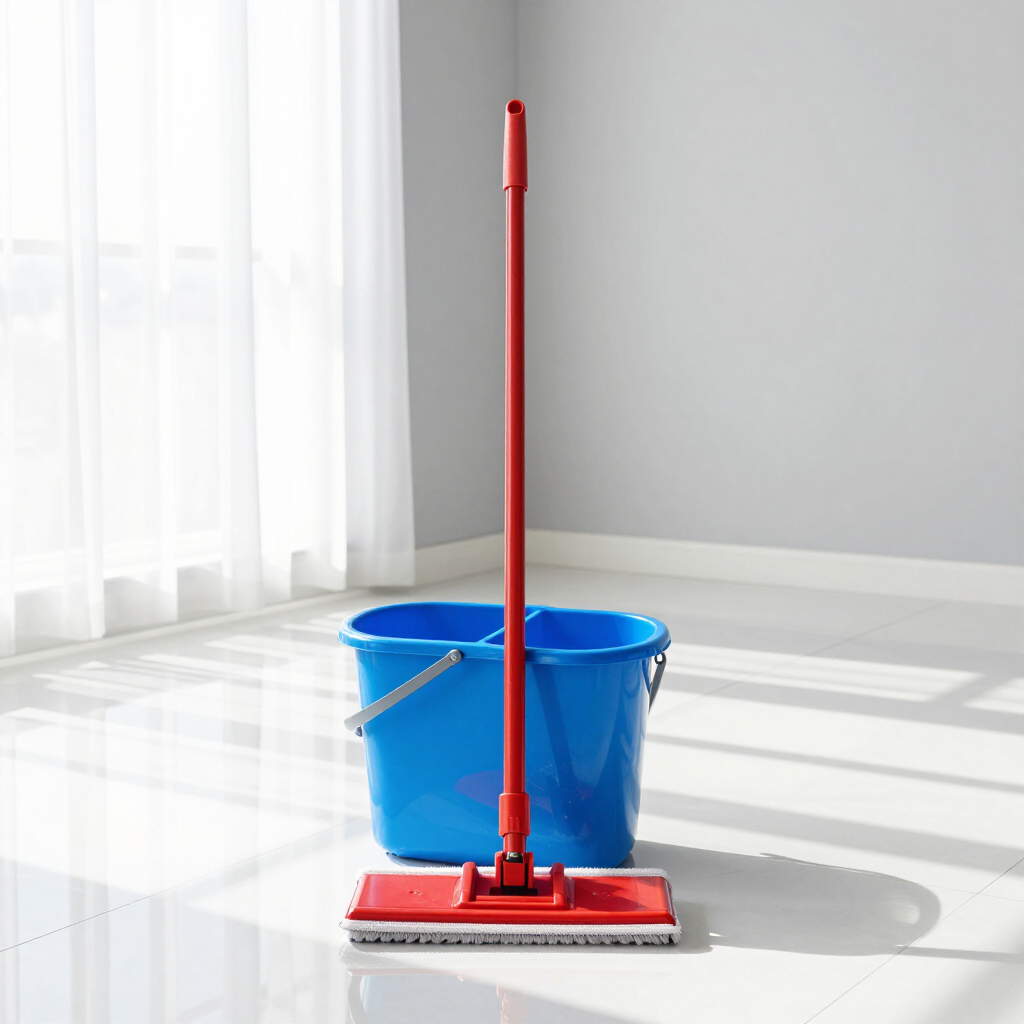 Red mop and blue bucket on a shiny white floor near a window