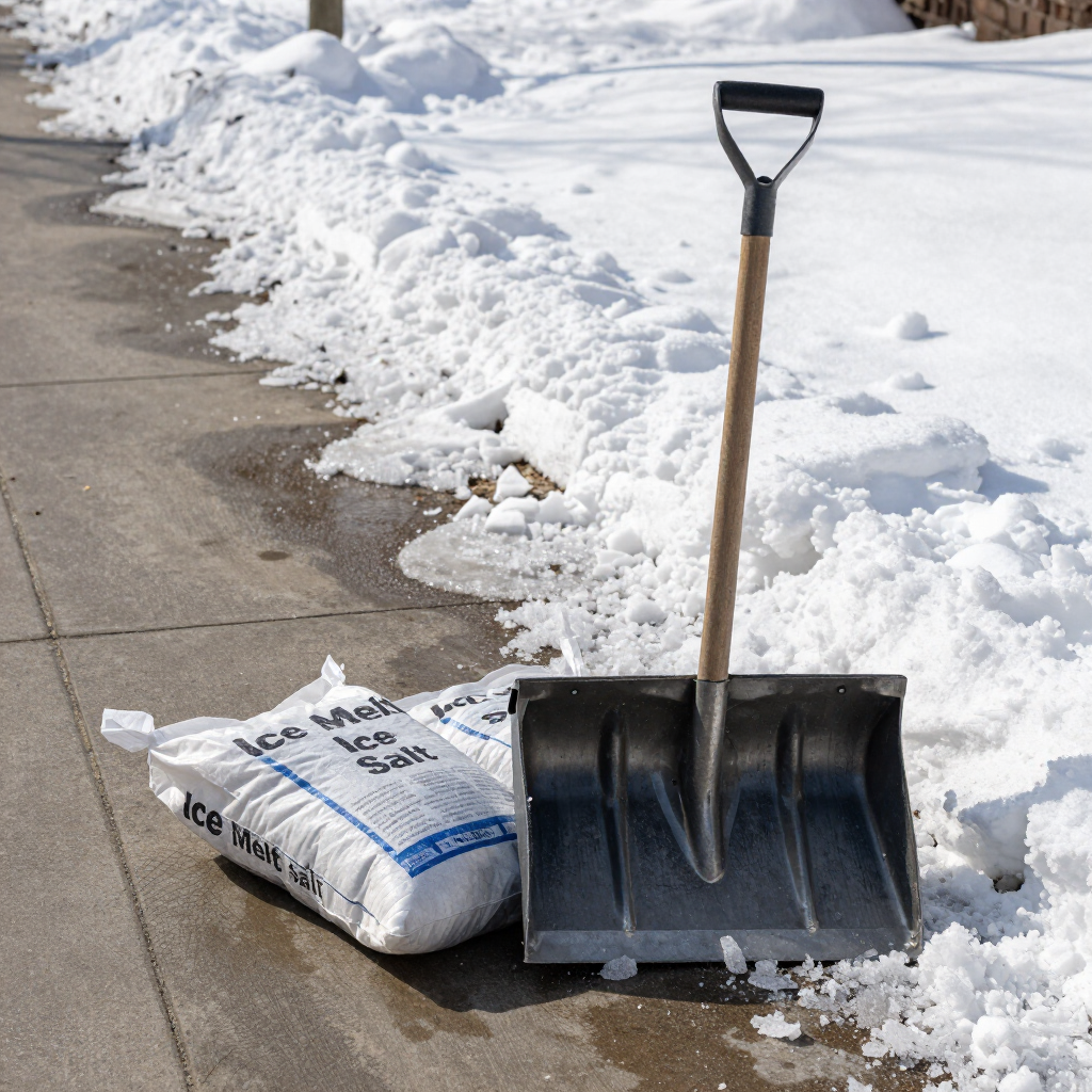 Shovel and bag of salt beside a snow pile on a sidewalk
