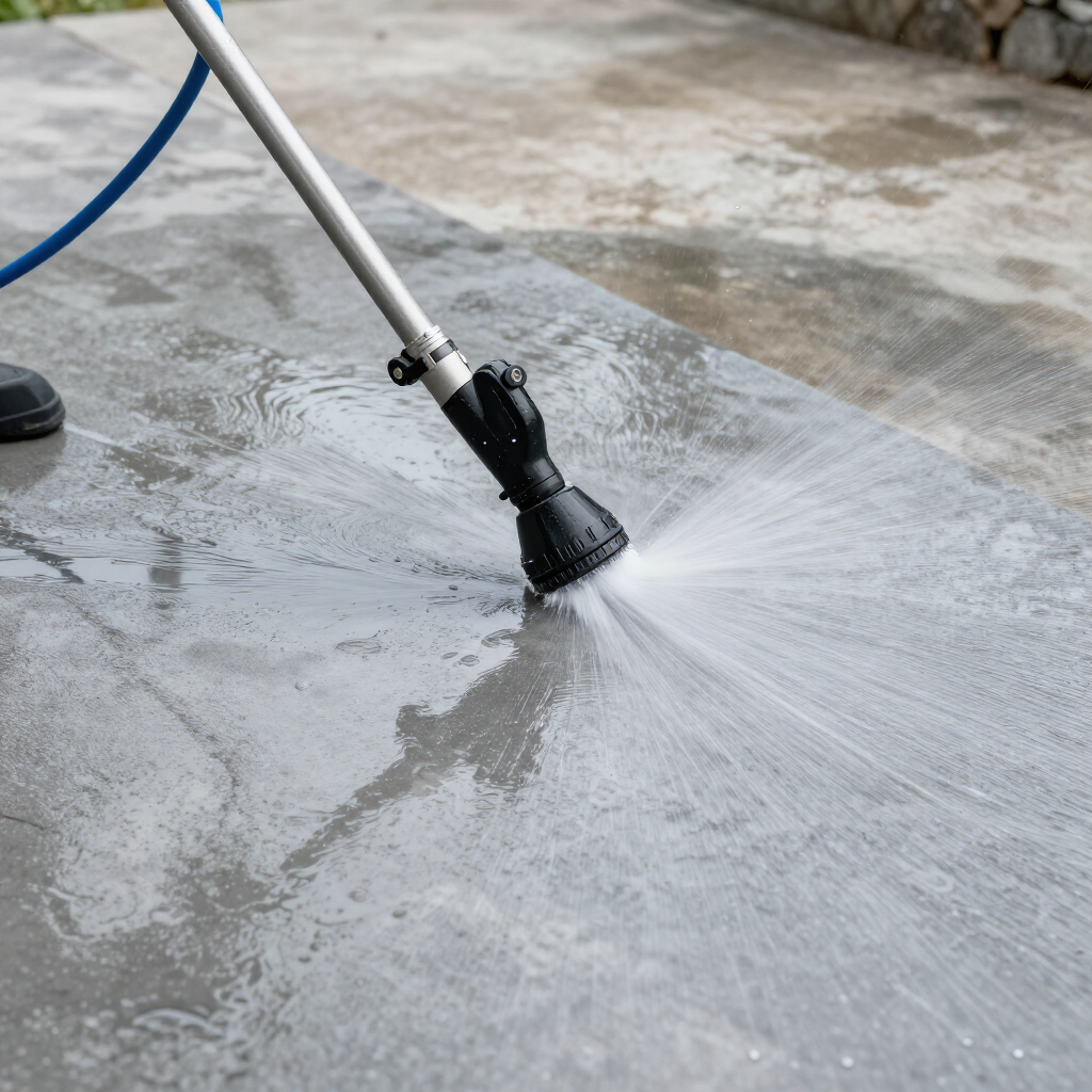 Pressure washer spray cleaning a wet concrete surface outdoors
