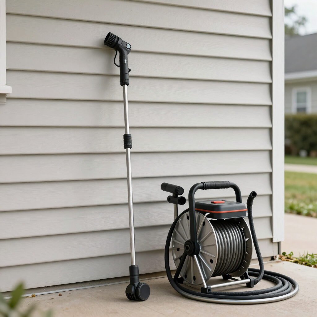 Pressure washer wand and hose reel on a concrete patio beside a house with gray siding