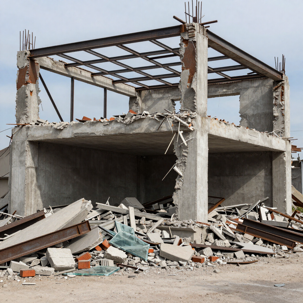 Collapsed concrete building with rubble and exposed steel beams in a damaged construction site