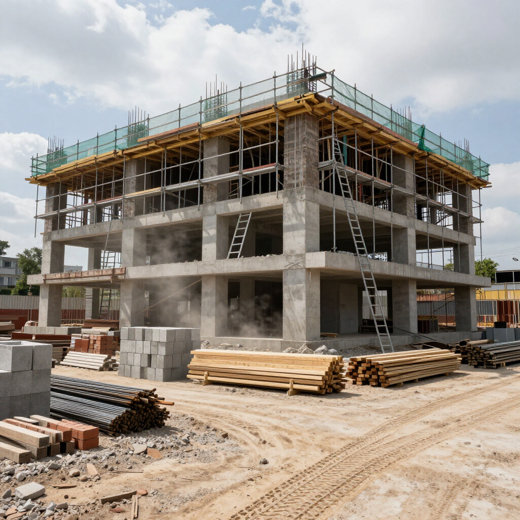 Concrete building under construction with scaffolding, ladders, and stacks of materials on a dirt site