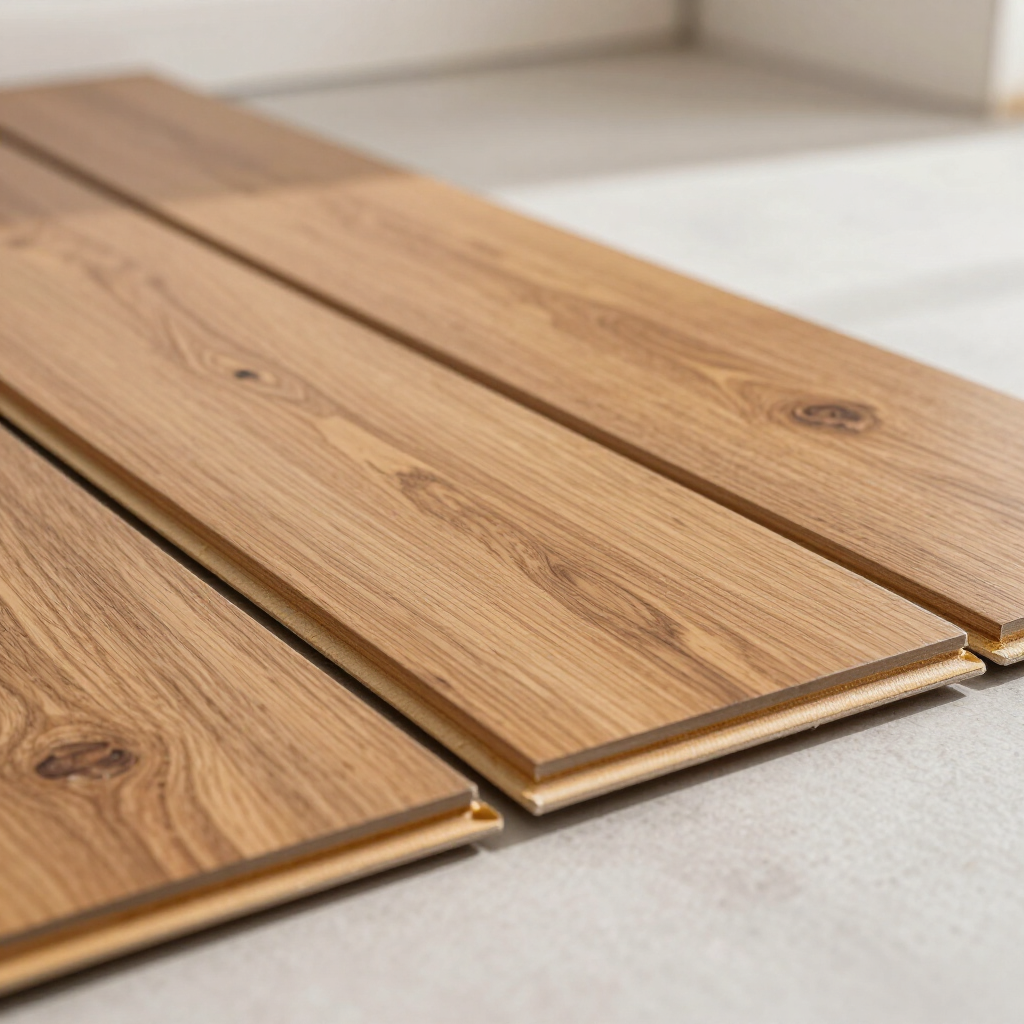Close-up of light oak laminate flooring planks laid on a white surface