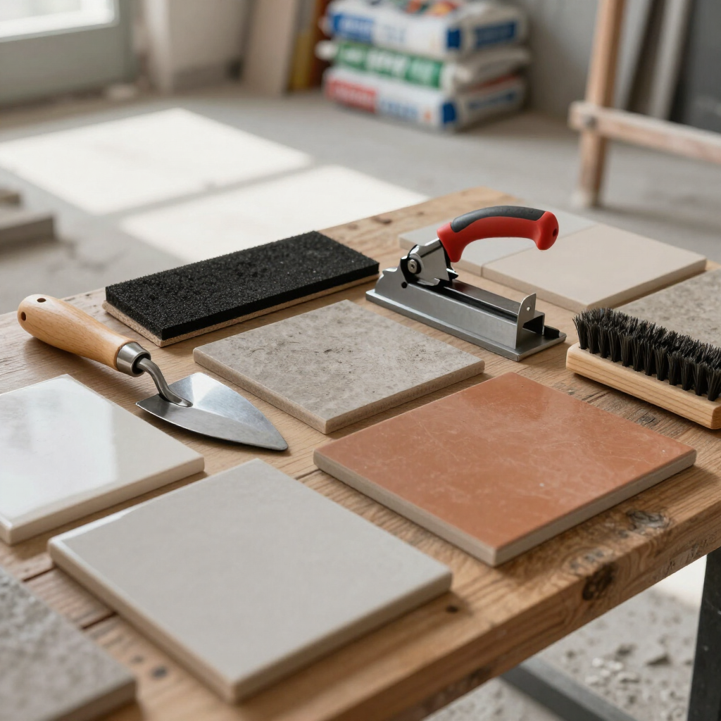 Tile samples and tools on a wooden workbench, including a trowel, scraper, and brush.