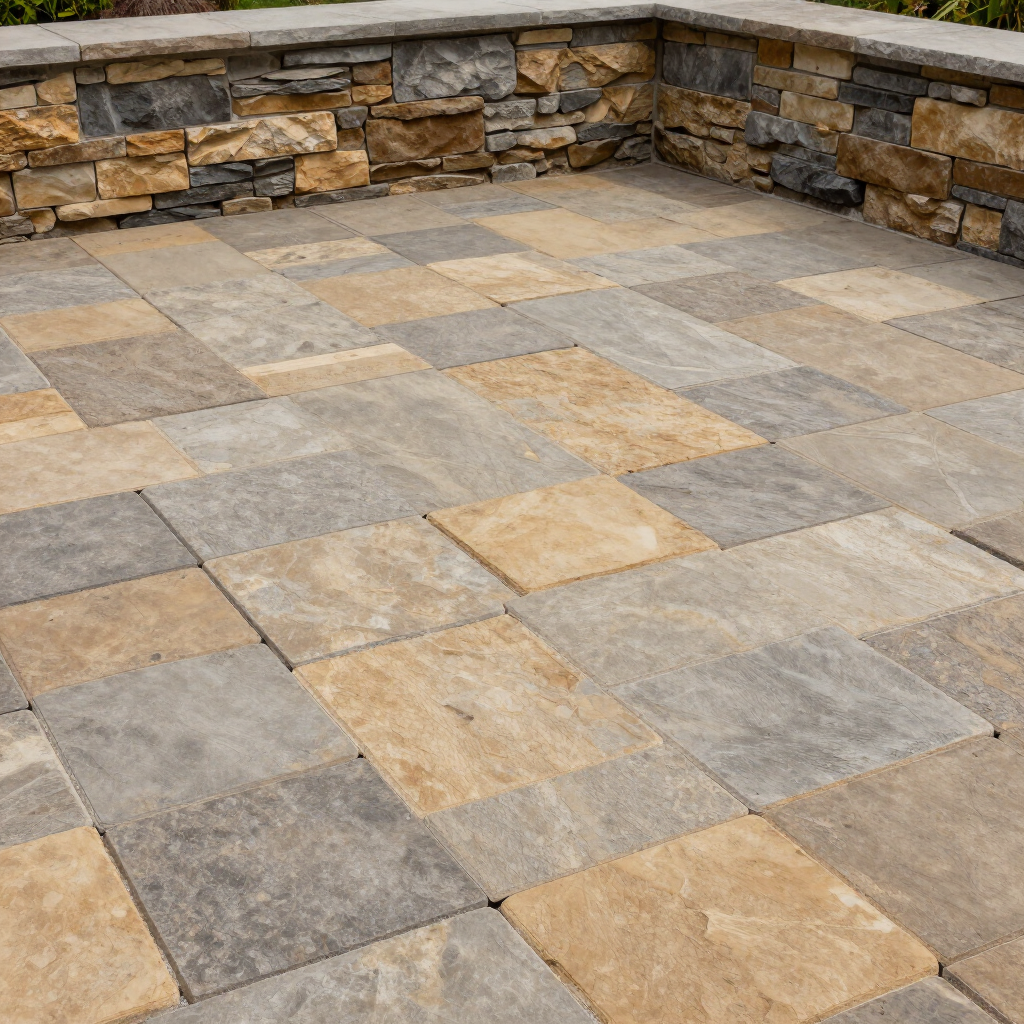 Stone patio with tan and gray pavers beside a low stacked-stone wall