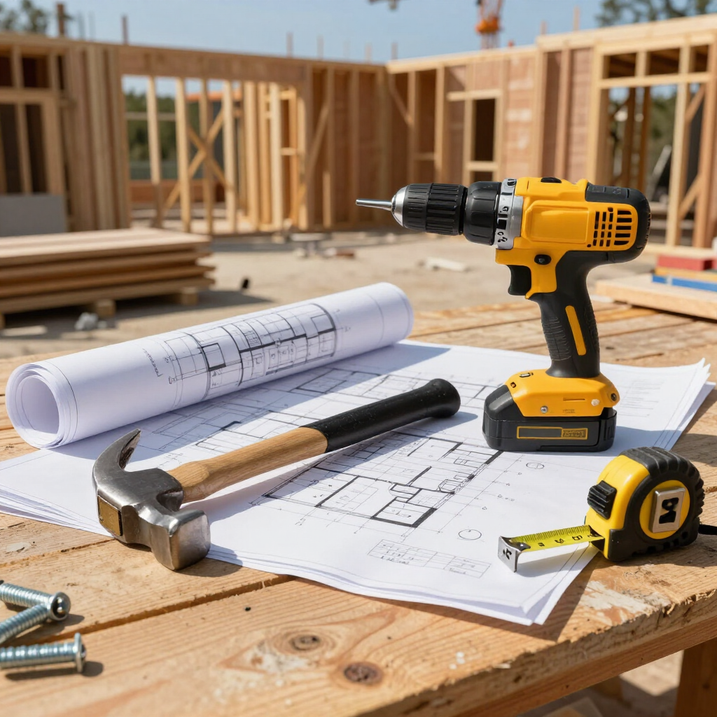 Construction tools on blueprint at a wood-framed house site, including drill, hammer, tape measure, and plans