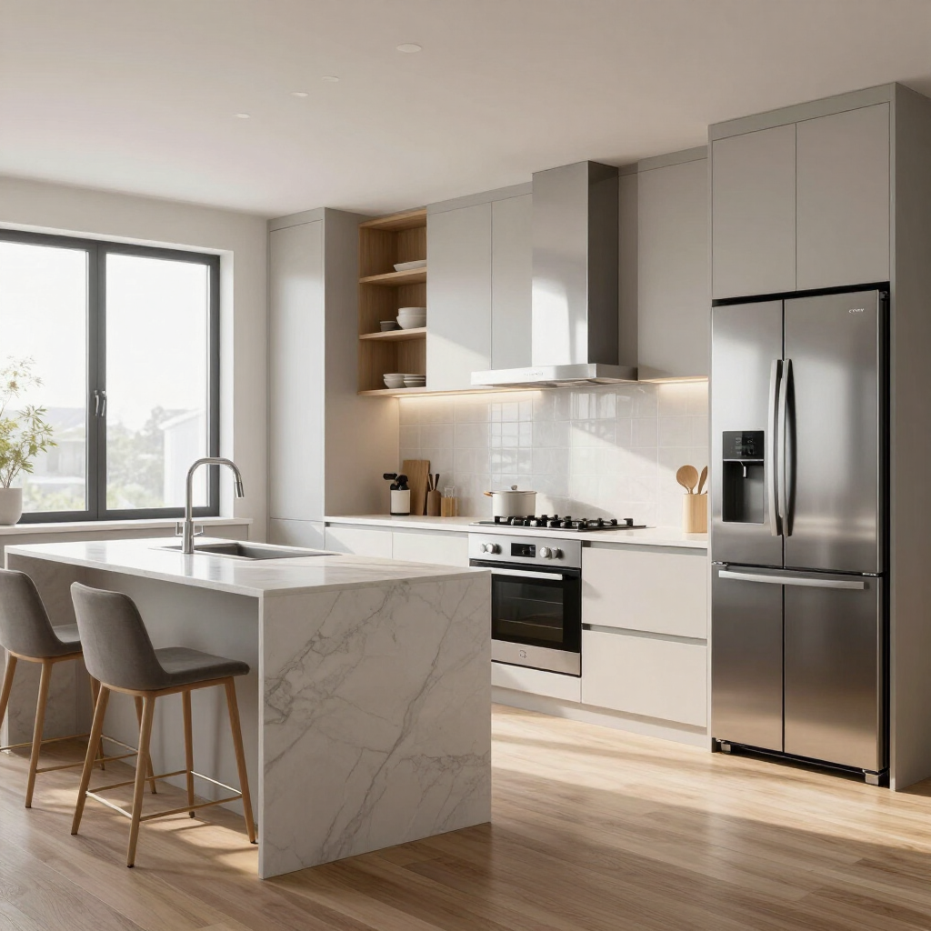 Modern white kitchen with marble island, stainless steel appliances, and wood flooring by a bright window