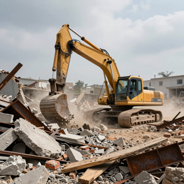 Yellow excavator demolishing rubble at a construction site