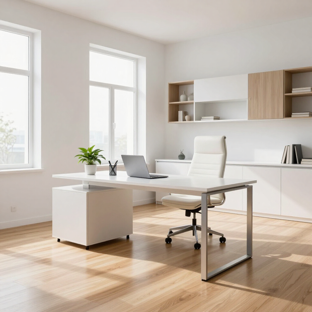 Bright minimalist home office with a white desk, chair, laptop, and sunlight through large windows.