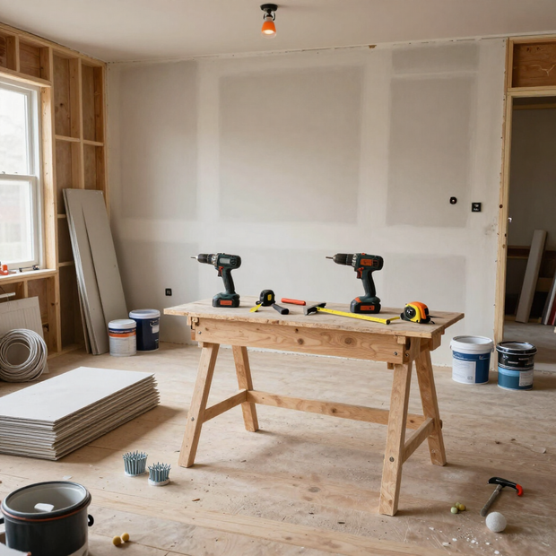 Renovated room with drywall, workbench, power tools, and paint cans on a bare floor