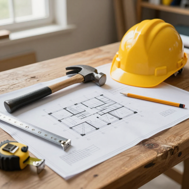 Yellow hard hat, hammer, pencil, tape measure, and floor plan on a wooden table in a construction workspace