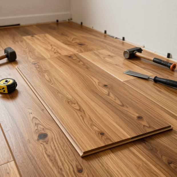 Partially installed laminate flooring with tools on a room floor