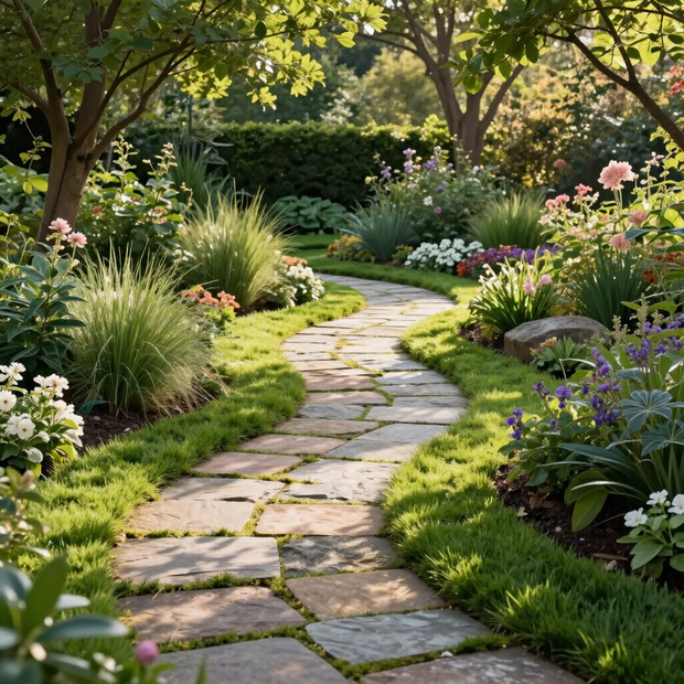Curving stone path through a lush sunlit garden with green grass, flowers, and trees