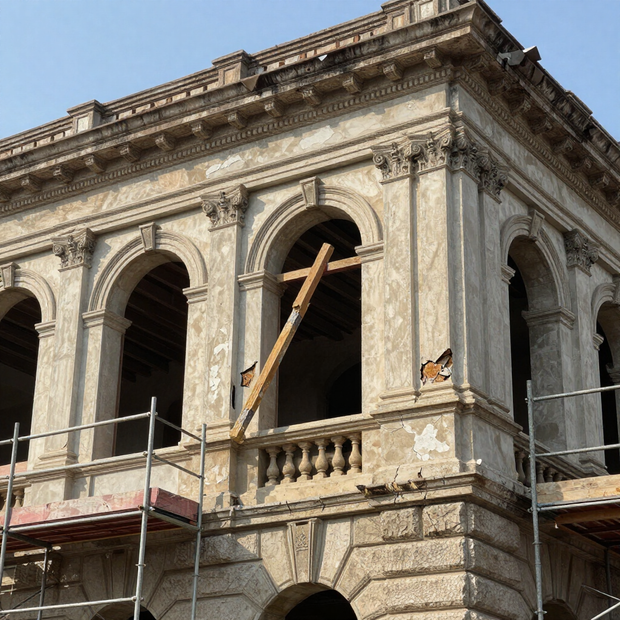 Old stone building facade under renovation with scaffolding and large arched windows