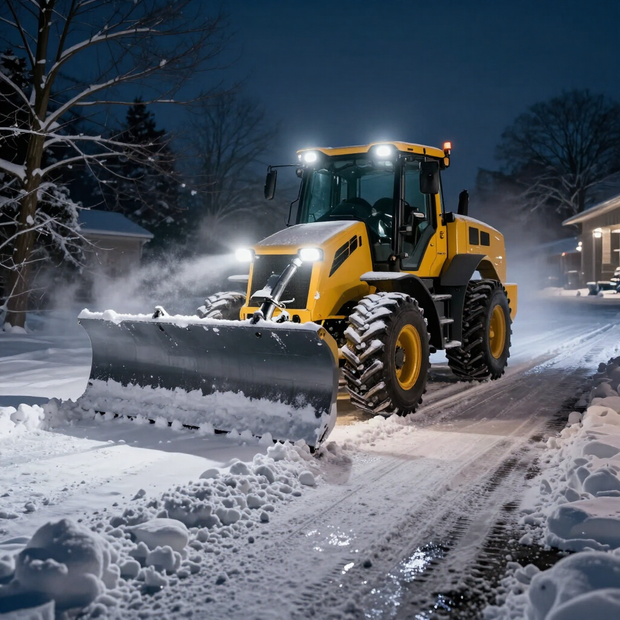 Yellow snowplow clearing a snowy road at night, with headlights glowing and snow spraying