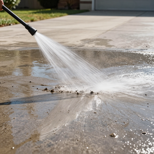 Pressure washer spraying dirty water off a concrete driveway outdoors