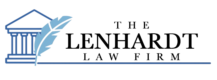 The Lenhardt Law Firm logo with a blue courthouse icon and feather accent on a white background
