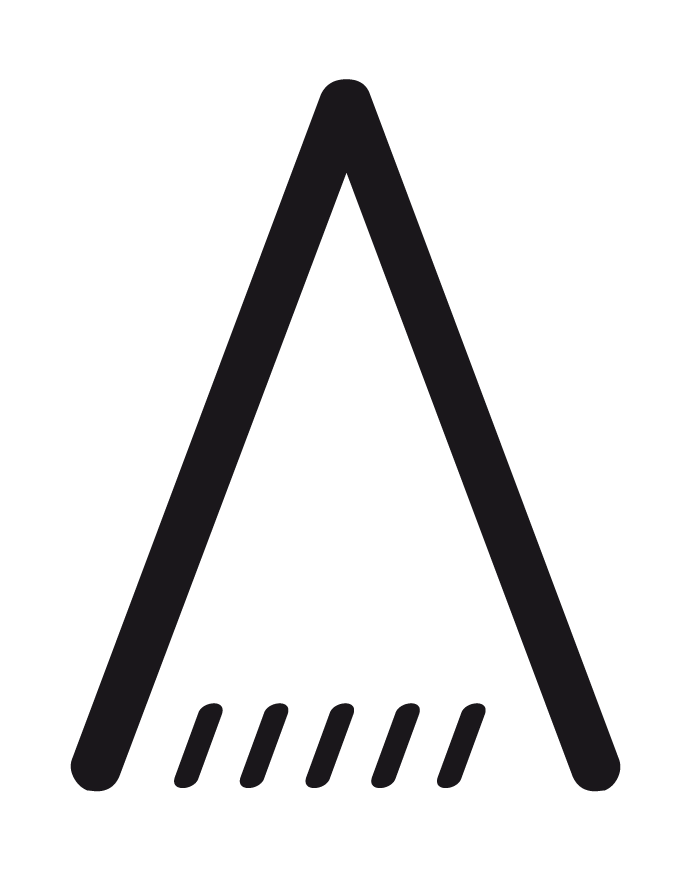 Schwarzes dreieckiges Zeltsymbol mit fünf kurzen diagonalen Linien an der Basis