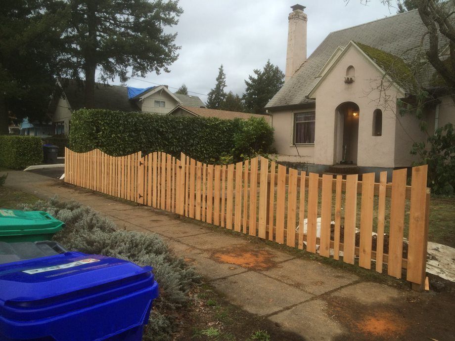 House with a new wooden fence along a walkway beside blue recycling bins