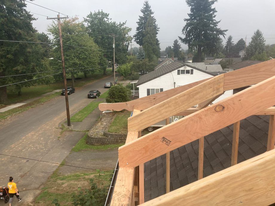 View from a rooftop over a quiet residential street with trees, parked cars, and a person in a yellow shirt below.