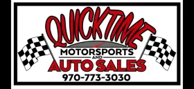 QuickTime Motorsports and Auto Sales logo with checkered flags and phone number 970-773-3030