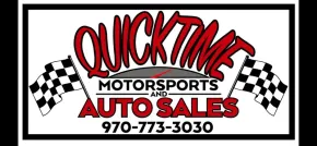 QuickTime Motorsports and Auto Sales logo with checkered flags and phone number 970-773-3030