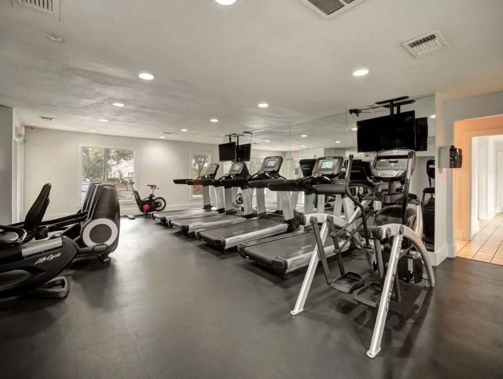 Bright gym interior with treadmills, elliptical machines, and a stationary bike on dark flooring at Grande Oasis at Carrollwood in Tampa, Florida.