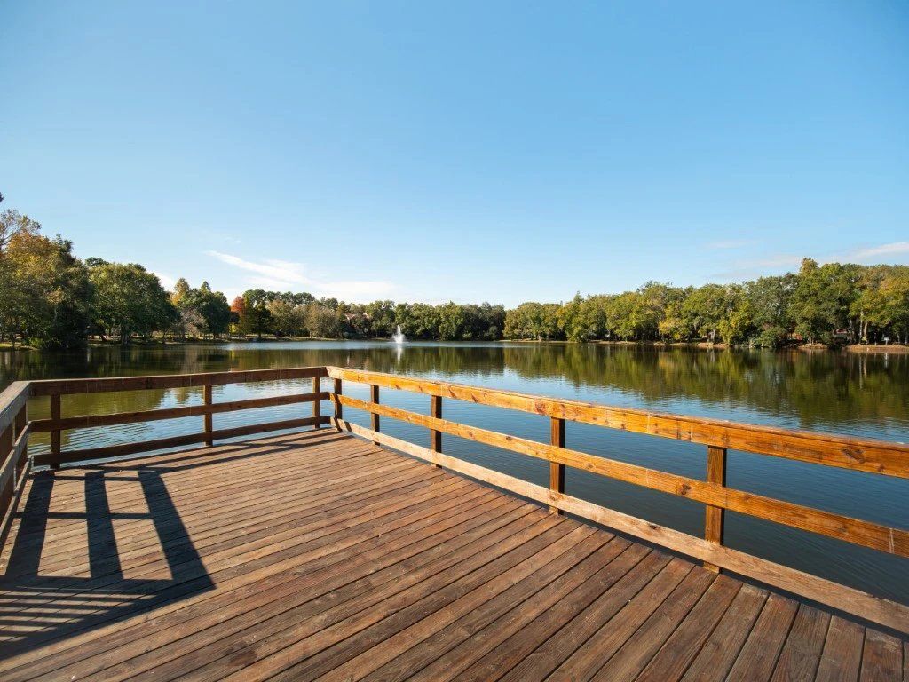 Wooden deck overlooking a calm lake with trees and a blue sky at Grande Oasis at Carrollwood in Tampa, Florida.