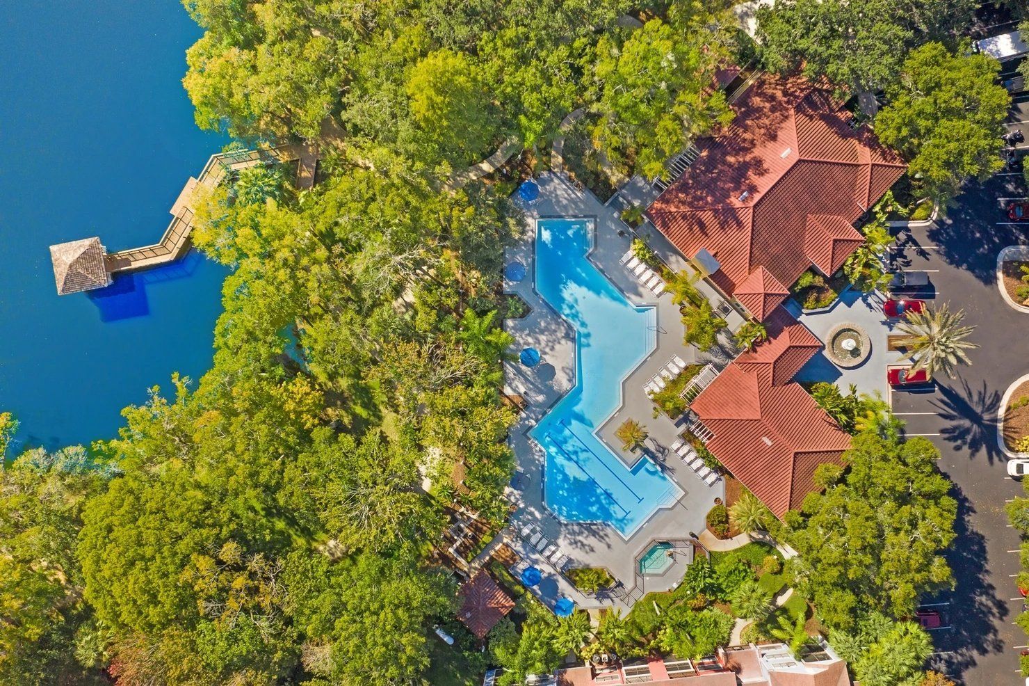 Aerial view of a tropical resort with a blue swimming pool, red-roofed buildings, and trees by the water at Grande Oasis at Carrollwood in Tampa, Florida.