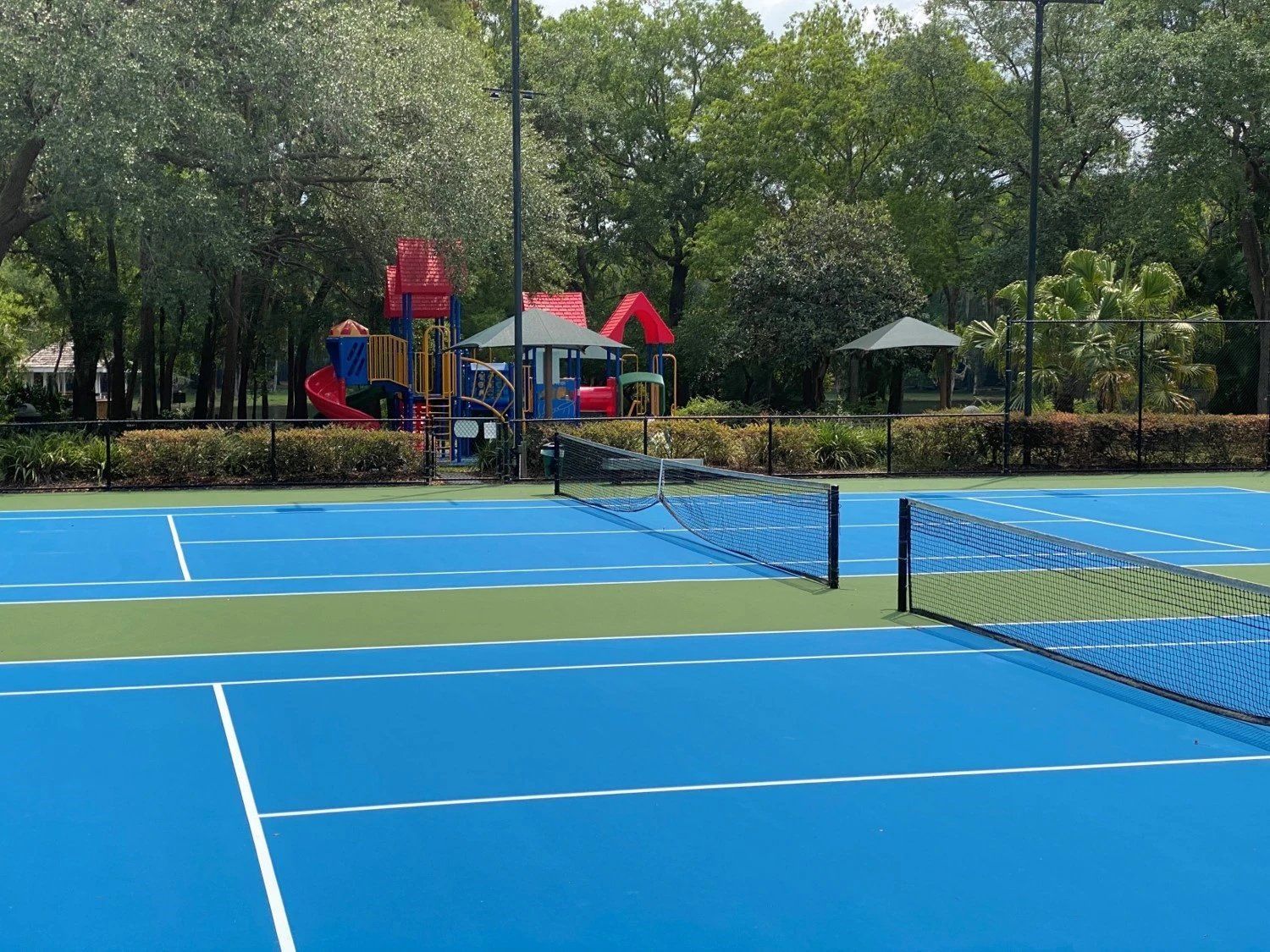 Blue tennis courts beside a playground in a park, with trees and a net in the foreground at Grande Oasis at Carrollwood in Tampa, Florida.