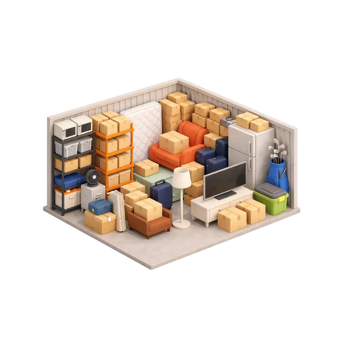 Packed storage room with stacked boxes, shelves, furniture, and household items in a small corner space