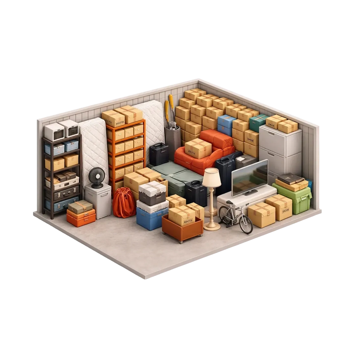 Packed storage room with boxes, shelves, bike, fan, fridge, and stacked household items.