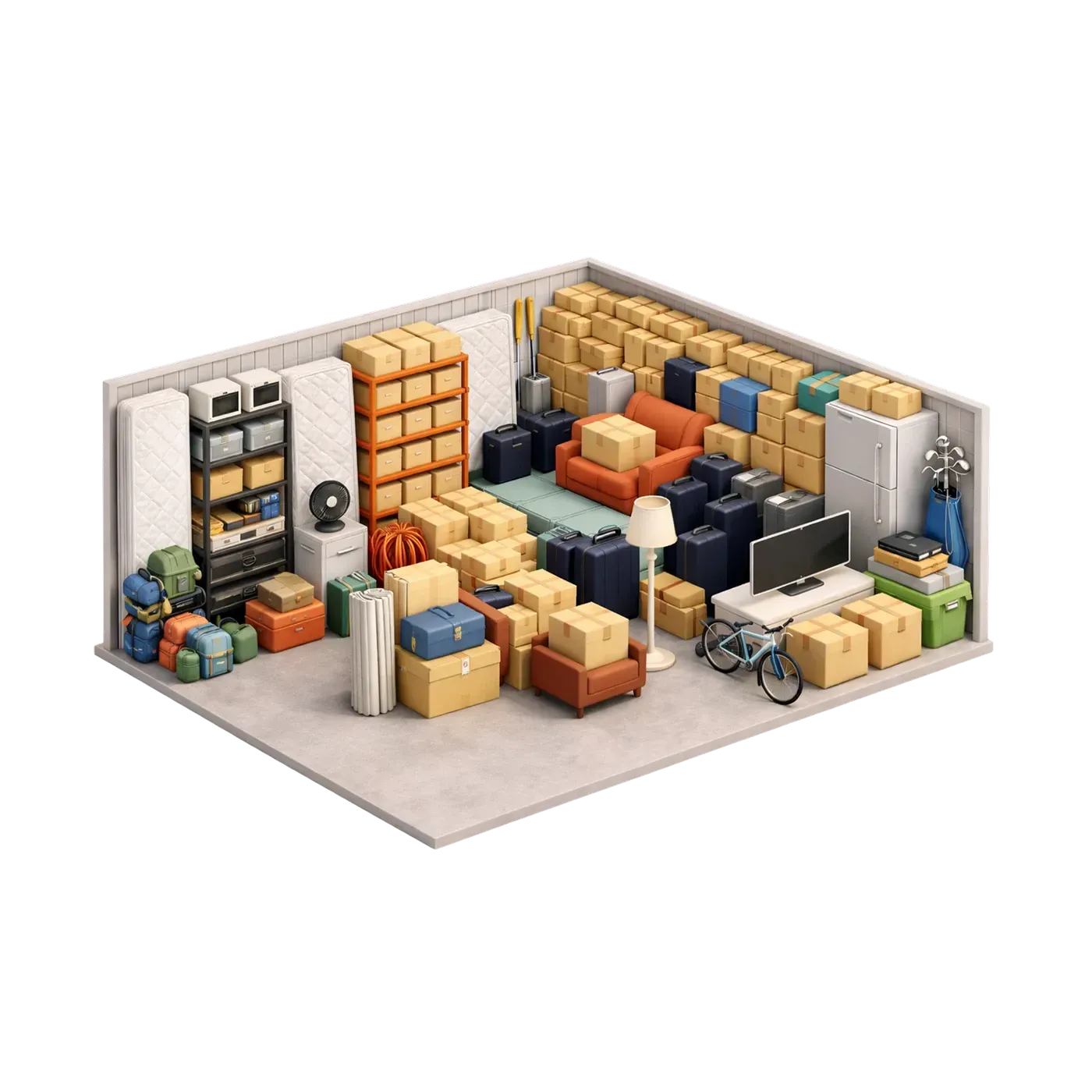 Packed storage room with boxes, shelves, sofa, TV, and scattered household items