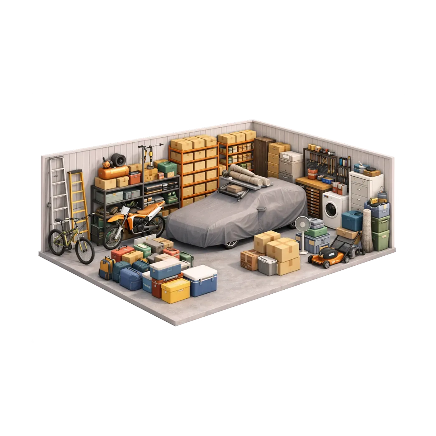 Neatly organized garage with shelves, tools, boxes, a bicycle, and a covered car under storage lights