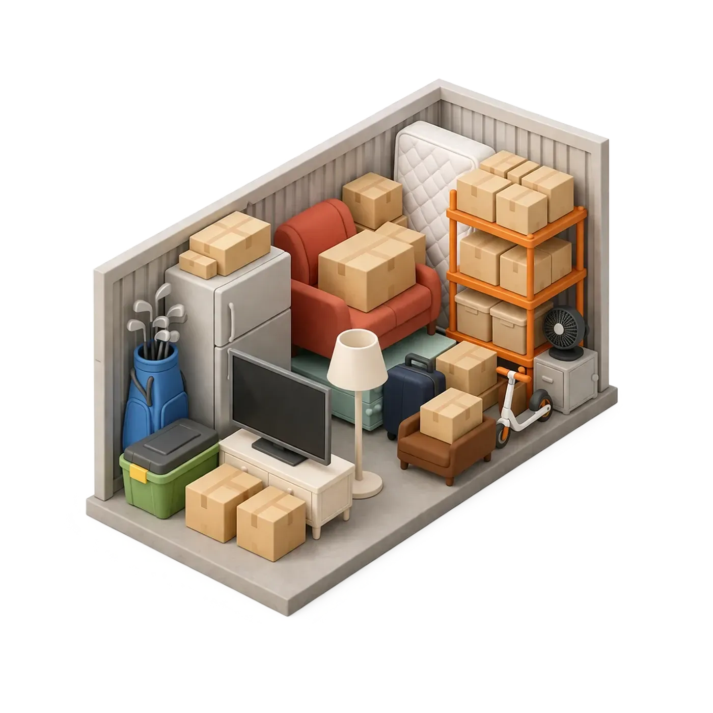 Cluttered storage room with stacked boxes, shelves, a lamp, chair, and a small TV stand