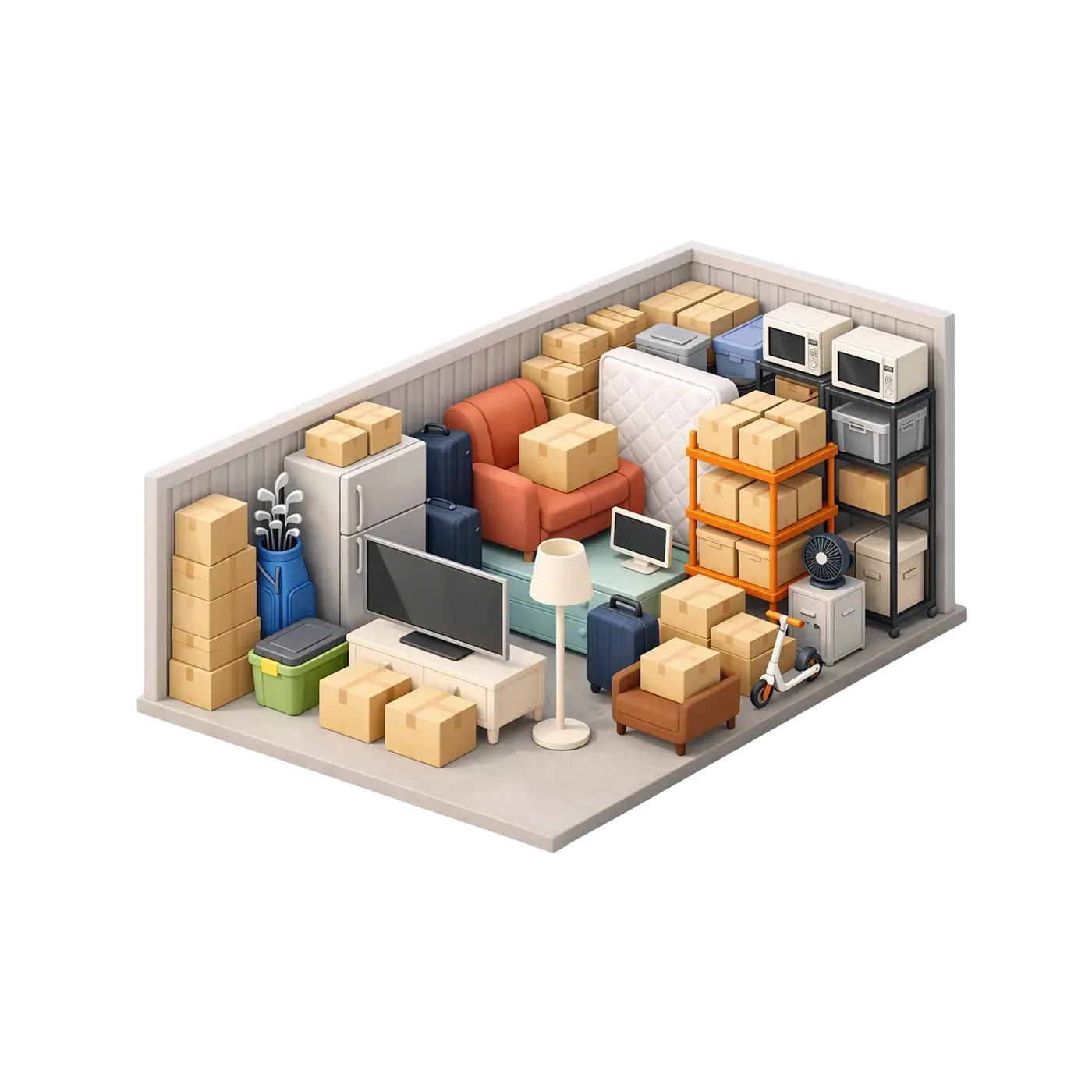 Packed storage room with stacked boxes, cabinets, chairs, and a desk in a cluttered corner.