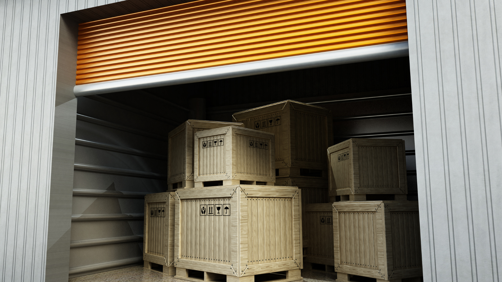 Open storage unit filled with stacked wooden crates behind a partially open orange roll-up door