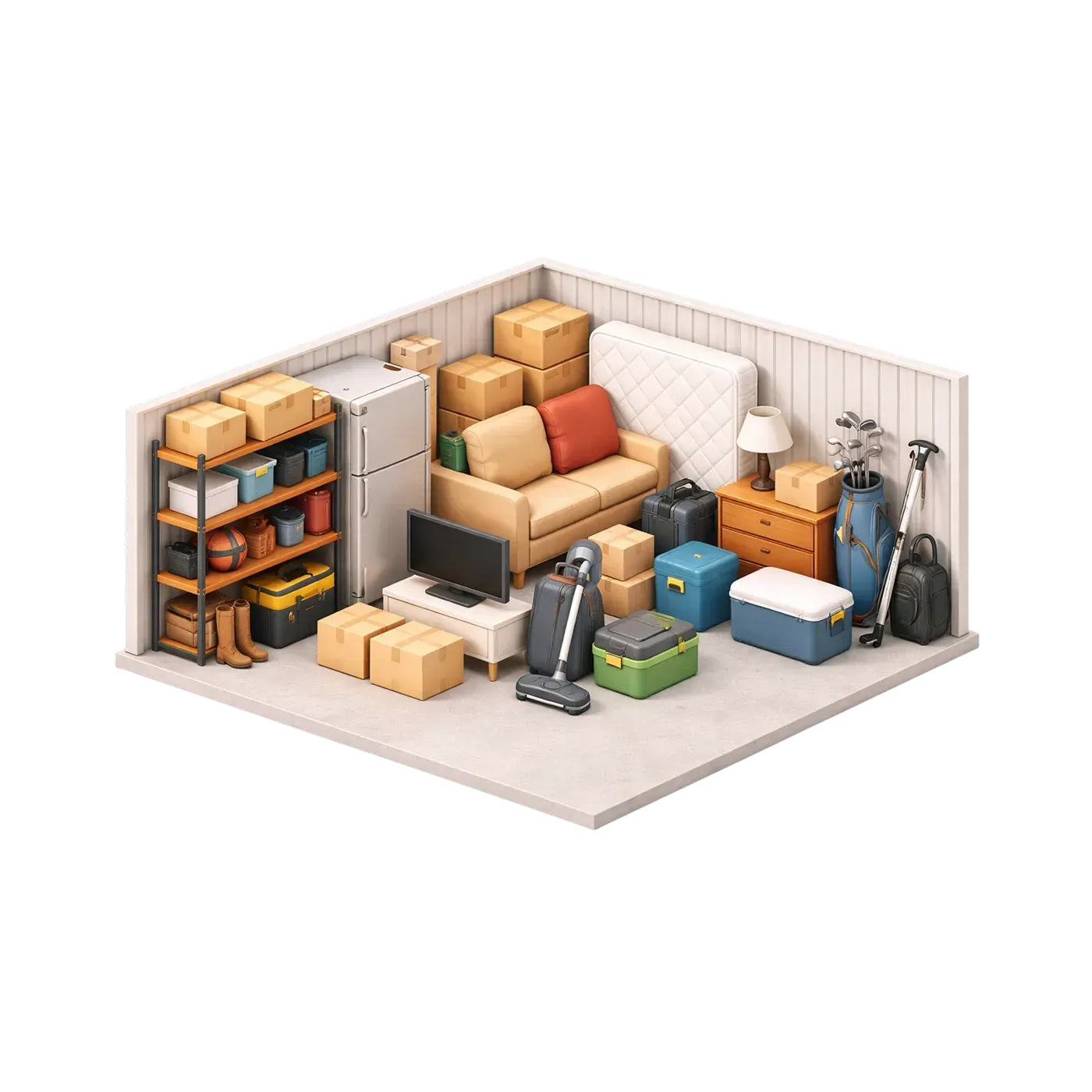 Cluttered living room with couch, shelves, boxes, lamp, and cleaning tools in a small corner space