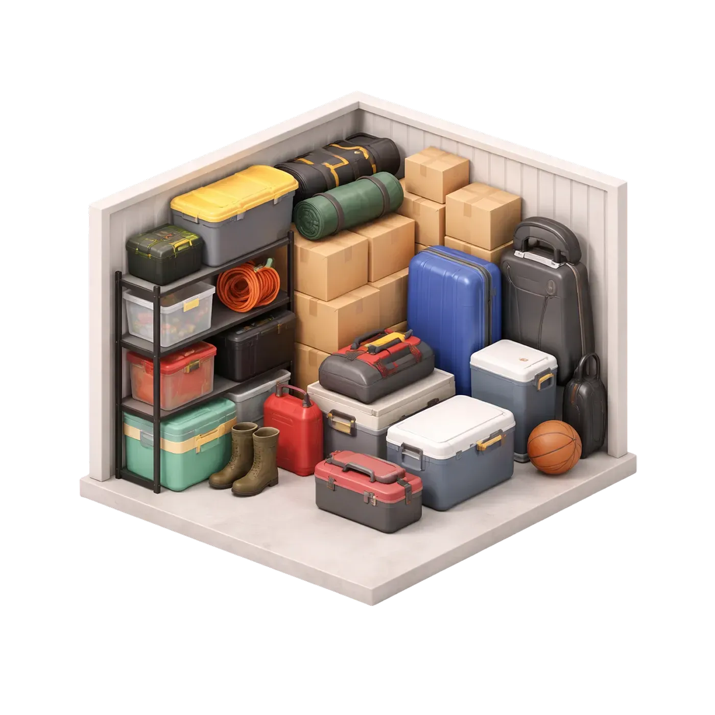 Packed storage corner with stacked suitcases, boxes, bags, boots, and sports gear in a white room