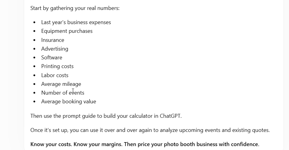 chat gpt prompt for price calculator for  photo booth business owners