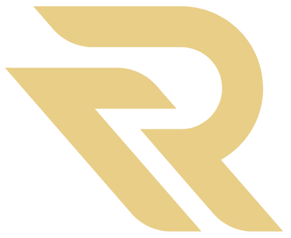 A gold r logo on a white background.