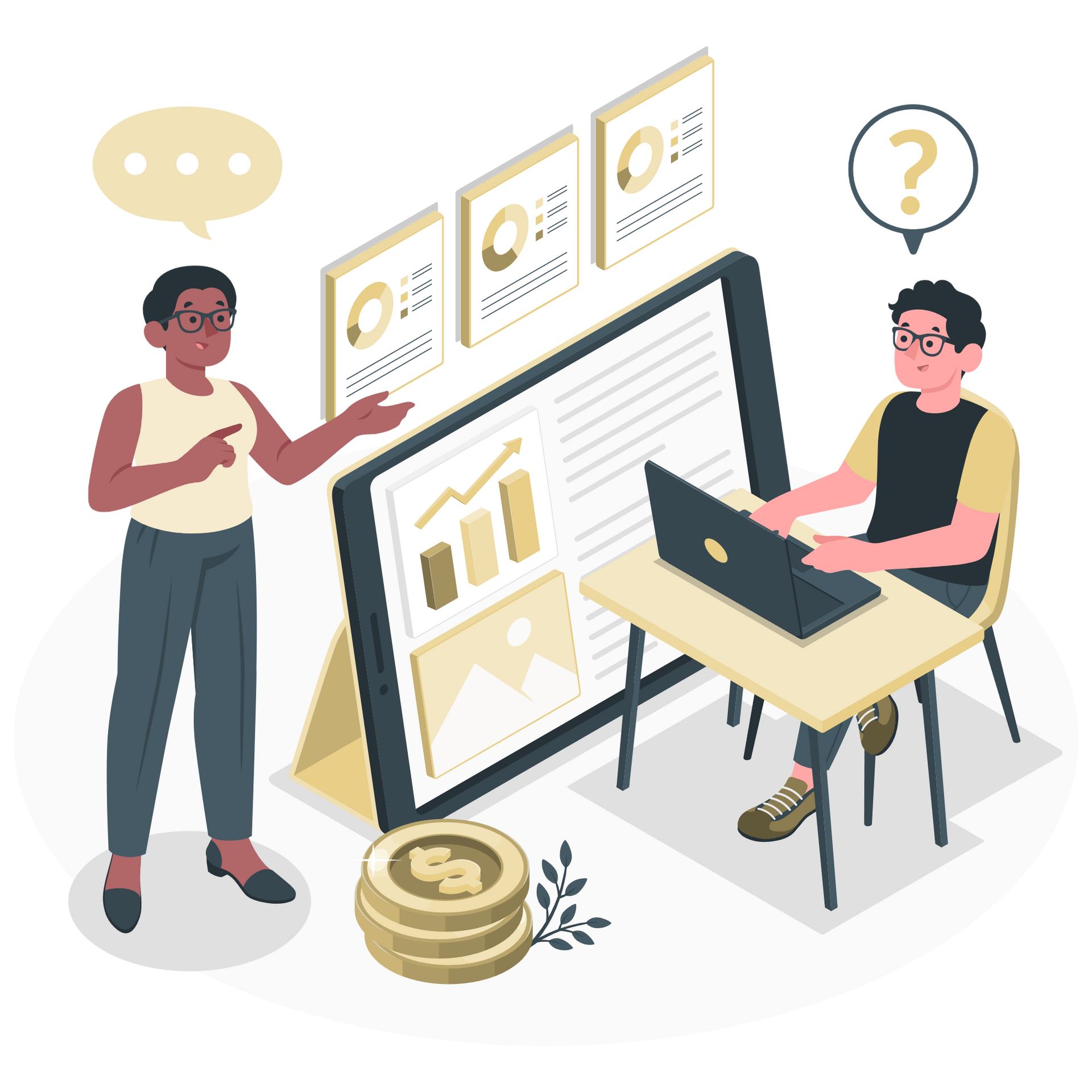 A man is sitting at a desk with a laptop and a woman is standing next to him.