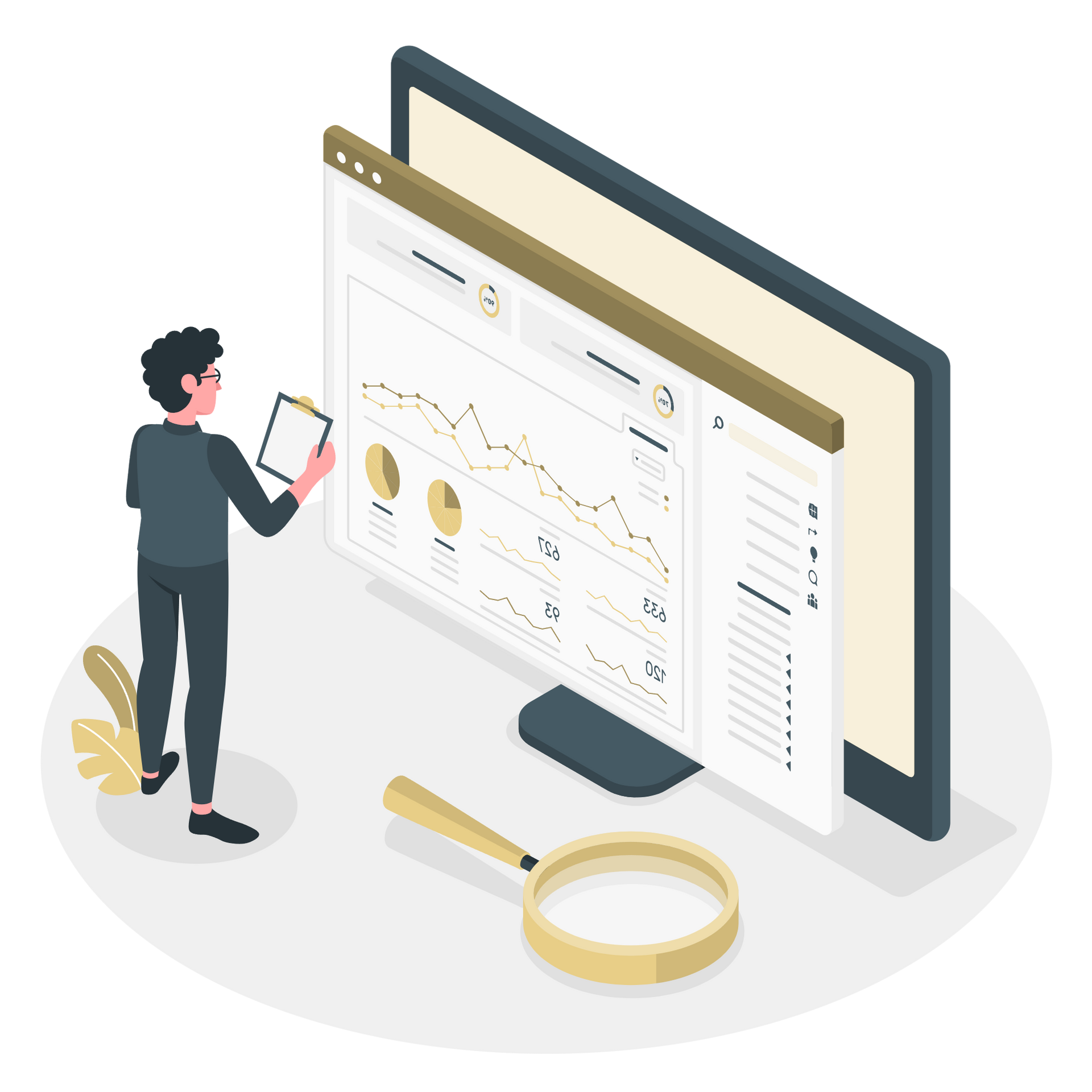 A man is standing in front of a computer monitor with a magnifying glass.