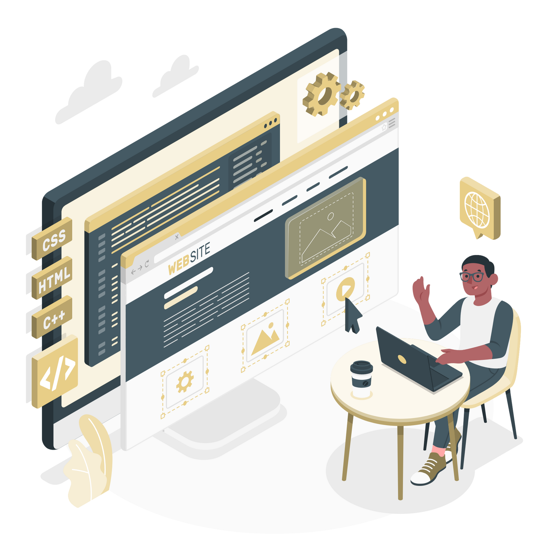 An isometric illustration of a man sitting at a table using a laptop computer.