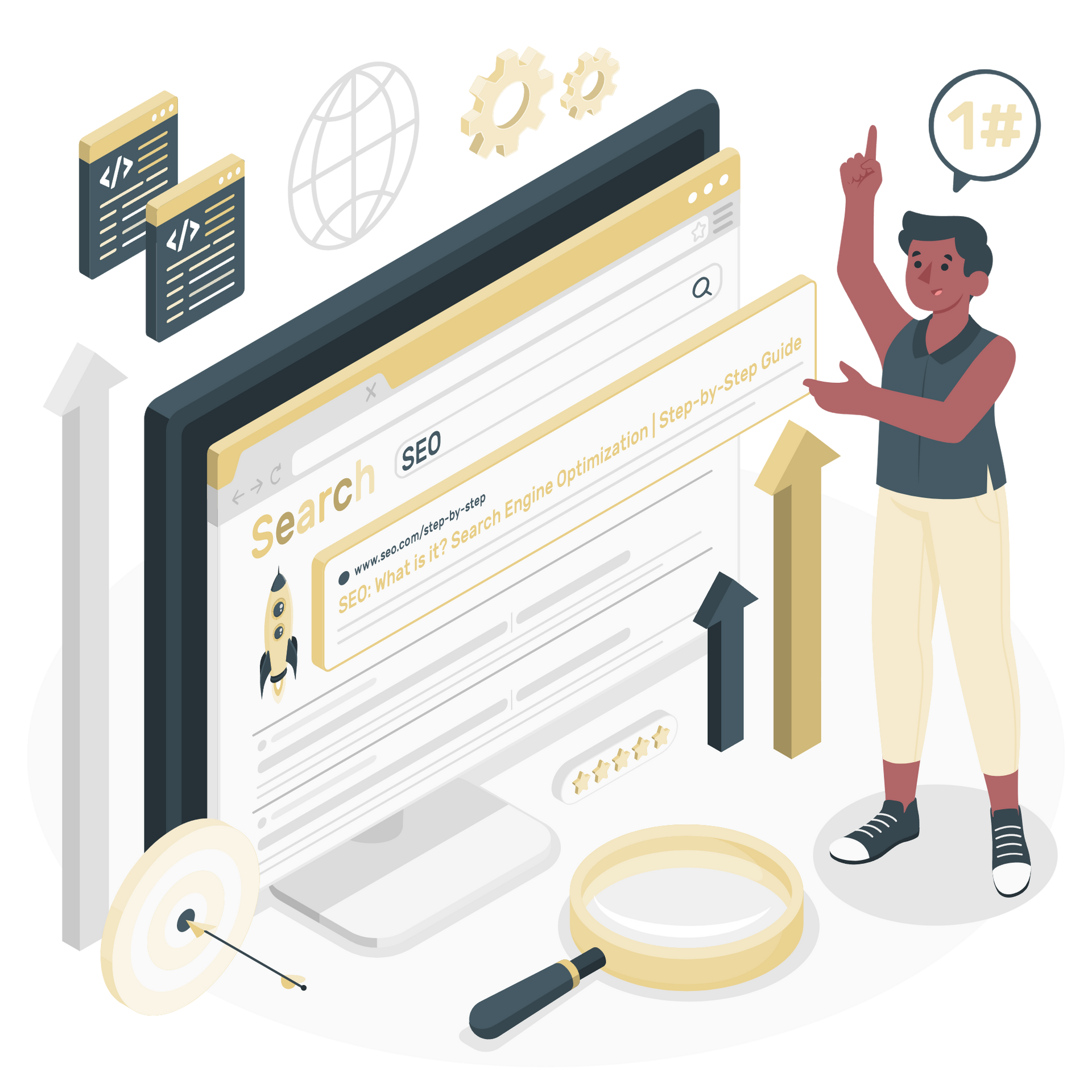 An isometric illustration of a man standing in front of a computer screen.