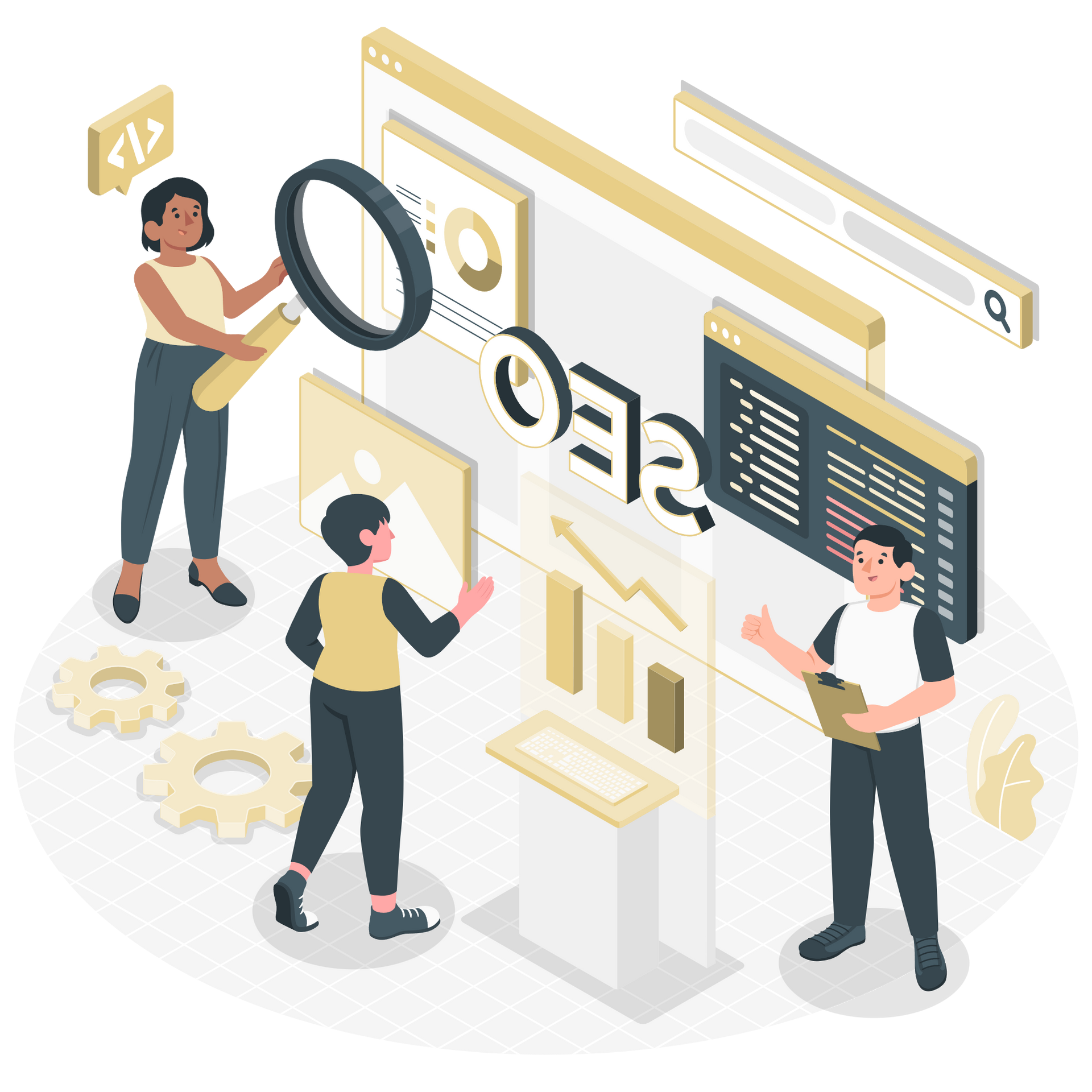 An isometric illustration of a group of people working on a website.