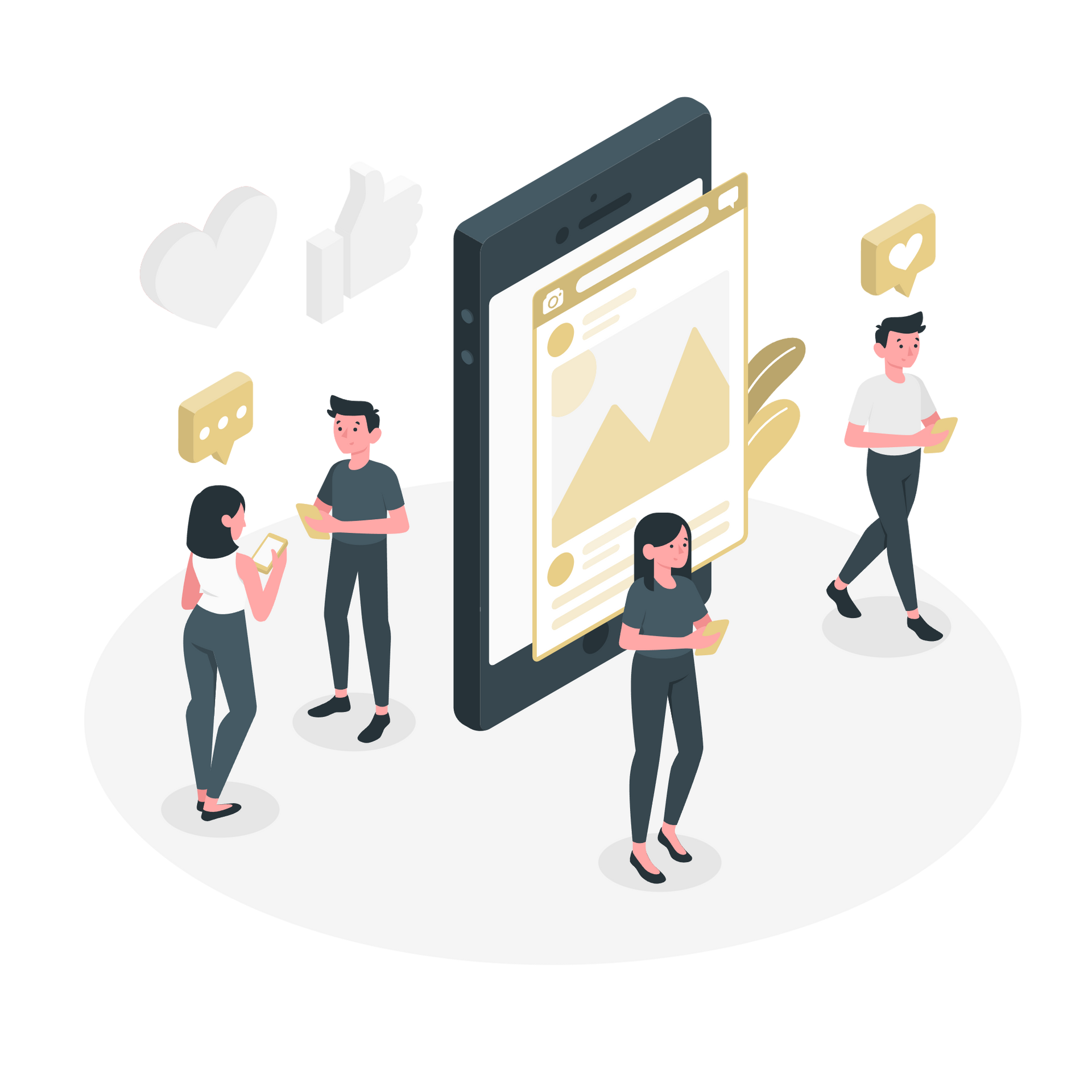 A group of people are standing around a large cell phone.